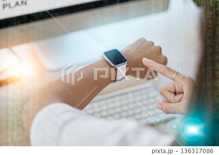 Smartwatch, screen and business woman for office management, workflow check and data mockup in overlay. Digital, clock app and professional person hands typing, reading and timer technology at desk 136317086