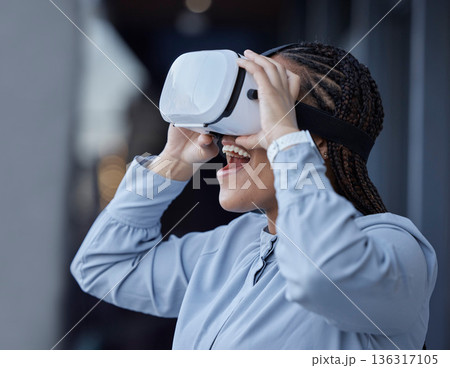 VR, glasses and business woman outdoor on AR software, high tech and digital world, wow and surprise. Virtual reality, vision and professional person watch or user experience in urban city or travel VR, glasses and business woman outdoor on AR software, high tech and digital world, wow and surprise. Virtual reality, vision and professional person watch or user experience in urban city or travel 136317105