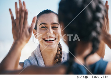 High five, fitness success and woman with workout celebration, winning and exercise goals or teamwork. Training, sports and athlete people, personal trainer or friends with hands together or support 136317116