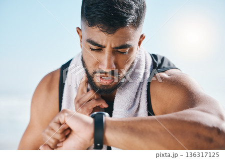 Man, fitness and watch for pulse, heart rate or performance on break after workout, running or training. Fit, active and sporty male person checking wristwatch for monitoring body exercise in nature Man, fitness and watch for pulse, heart rate or performance on break after workout, running or training. Fit, active and sporty male person checking wristwatch for monitoring body exercise in nature 136317125