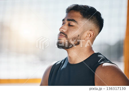 Thinking, fitness and man at volleyball on beach ready for exercise, training and workout for game. Sports, nature and face of Indian male person breathe outdoors for practice, match and competition Thinking, fitness and man at volleyball on beach ready for exercise, training and workout for game. Sports, nature and face of Indian male person breathe outdoors for practice, match and competition 136317130