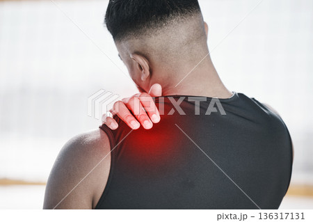 Man, neck pain and fitness, injury and red overlay, back and medical emergency with muscle inflammation. Male athlete, shoulder strain with glow and health problem, fibromyalgia and exercise accident 136317131