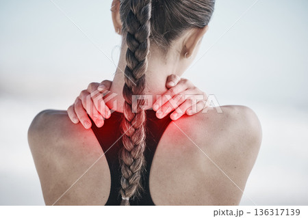 Back pain, red and woman for fitness or exercise injury, sports risk or muscle healthcare outdoor. Medical, spine and person massage for anatomy problem in training, cardio or workout overlay 136317139