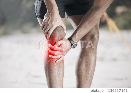 Knee pain, red and running person with medical injury, fitness or sports anatomy problem in nature training. Cardio, workout or exercise risk of runner, athlete or people check muscle or legs overlay Knee pain, red and running person with medical injury, fitness or sports anatomy problem in nature training. Cardio, workout or exercise risk of runner, athlete or people check muscle or legs overlay 136317141