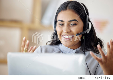 Contact us, call center or happy woman on laptop in communication or talking for customer service. Girl virtual assistant, crm or telemarketing sales agent explaining online in telecom tech support 136317145