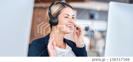 Call center, computer and woman wave on video for communication, support and contact us for customer service. Hello, telemarketing and sales agent, consultant and happy employee in online webinar. Call center, computer and woman wave on video for communication, support and contact us for customer service. Hello, telemarketing and sales agent, consultant and happy employee in online webinar. 136317166