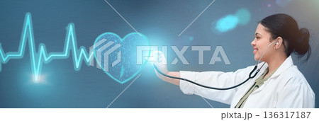 Heart rate, medical and doctor with woman and hologram for healthcare, digital and monitor. Consulting, medicine and future with person and stethoscope on banner for cardiology, heartbeat or wellness Heart rate, medical and doctor with woman and hologram for healthcare, digital and monitor. Consulting, medicine and future with person and stethoscope on banner for cardiology, heartbeat or wellness 136317187