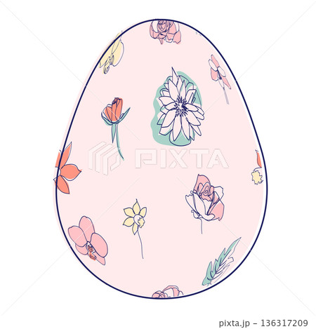 Happy Easter eggs, trendy design with hand-drawn spring flowers. Modern art minimalist style. Vector 136317209