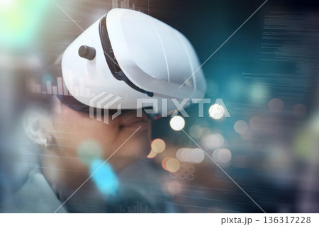 Virtual reality, woman in headset and hologram with mockup for design, future technology and digital data. Research, web innovation and bokeh overlay, software programmer or developer with vr glasses Virtual reality, woman in headset and hologram with mockup for design, future technology and digital data. Research, web innovation and bokeh overlay, software programmer or developer with vr glasses 136317228