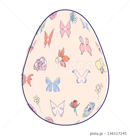 Happy Easter eggs, trendy design with hand-drawn spring flowers. Modern art minimalist style. Vector 136317245