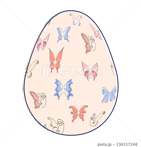 Happy Easter eggs, trendy design with hand-drawn spring flowers. Modern art minimalist style. Vector 136317248