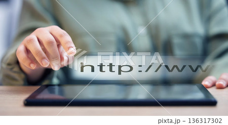 Woman, hands and tablet with search bar, website or URL on table or office desk at home. Hand of female person with digital hologram, research or app for online data or information at the workplace Woman, hands and tablet with search bar, website or URL on table or office desk at home. Hand of female person with digital hologram, research or app for online data or information at the workplace 136317302