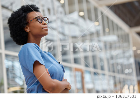 Nurse, arms crossed and thinking with black woman in hospital for medical, idea and expert. Medicine, healthcare and nursing with female person in clinic for wellness, mockup space and surgery 136317333