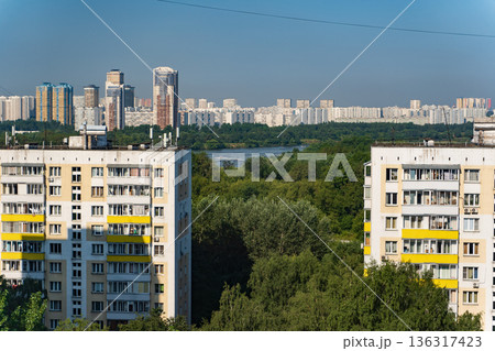 Residential buildings on the banks of Moskva River on a sunny day Residential buildings on the banks of Moskva River on a sunny day 136317423