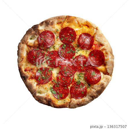 Fresh baked traditional italian pizza with pepperoni, closeup. Isolated on white background Fresh baked traditional italian pizza with pepperoni, closeup. Isolated on white background 136317507