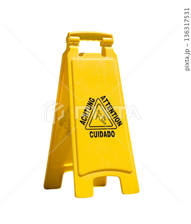 Wet floor warning sign, closeup. Isolated on white background Wet floor warning sign, closeup. Isolated on white background 136317531