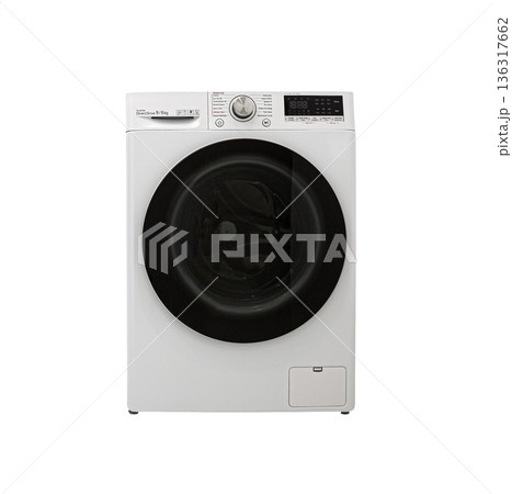 White front loading washing machine, closeup. Isolated on transparent background White front loading washing machine, closeup. Isolated on transparent background 136317662