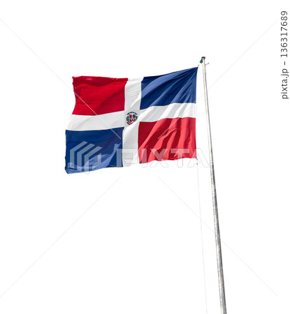 Flying and waving flag of Dominican Republic on wind, closeup. Isolated on white background 136317689