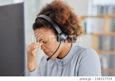 Customer support, call center and woman with headache in office with tension, stress and pain. Telemarketing, business and overworked female person with burnout, strain and injury for crm service Customer support, call center and woman with headache in office with tension, stress and pain. Telemarketing, business and overworked female person with burnout, strain and injury for crm service 136317724