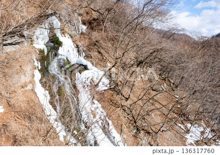 栃木県氷結してツララのできた日光涅槃の滝 136317760