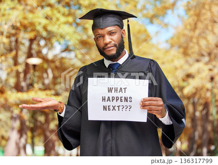 Paper sign, shrug and portrait of a man graduate by his college campus with a confused gesture. Doubt, graduation and African male student with poster and dont know expression outdoor at university. 136317799