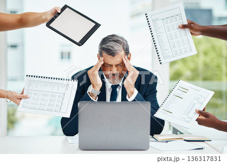 Headache, chaos and business man or manager stress for documents, tablet crisis and accounting problem. People hands, taxes and laptop of tired CEO for multitask, digital mockup and brain fog or pain 136317831