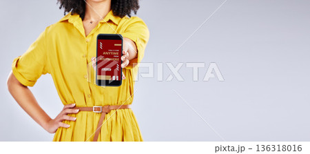 Hands, phone screen and woman with app for taxi isolated in studio on a white background mockup space. Smartphone, travel and person with application, advertising and marketing to call transportation 136318016