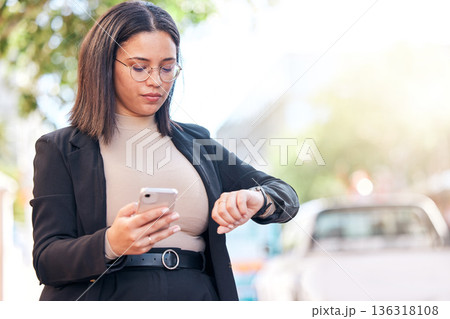 Business, woman and checking time in city with phone for schedule for meeting with planning in morning. Appointment, professional female and looking at watch in street for interview in outdoor. 136318108