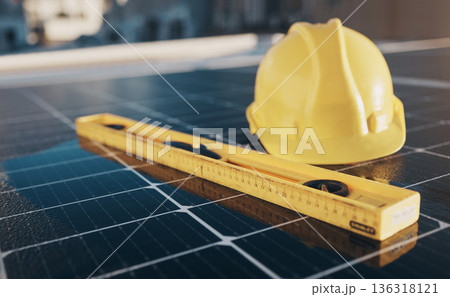 Solar panel, engineering tools and renewable energy isolated for maintenance and construction work. Industrial, sustainability and equipment on a rooftop for eco friendly power project and safety Solar panel, engineering tools and renewable energy isolated for maintenance and construction work. Industrial, sustainability and equipment on a rooftop for eco friendly power project and safety 136318121