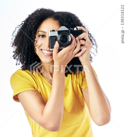 Photography, camera and portrait of woman photographer and happy as a creative isolated in a studio white background. Happy, photoshoot and artistic person with a hobby and takes picture of memory Photography, camera and portrait of woman photographer and happy as a creative isolated in a studio white background. Happy, photoshoot and artistic person with a hobby and takes picture of memory 136318122