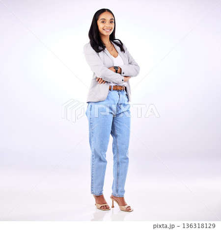 Business, casual and portrait of woman with arms crossed, confidence and employee with pride on white background in studio. Happy, face and fashion for businesswoman with smile or working in admin Business, casual and portrait of woman with arms crossed, confidence and employee with pride on white background in studio. Happy, face and fashion for businesswoman with smile or working in admin 136318129