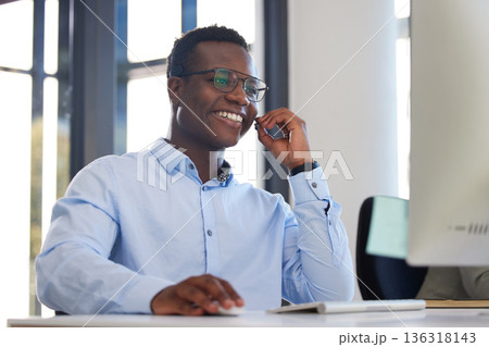 Business, call center or black man with telemarketing, smile or crm with customer service, help or telecom sale. Agent, male person or consultant with happiness, ecommerce or tech support with advice Business, call center or black man with telemarketing, smile or crm with customer service, help or telecom sale. Agent, male person or consultant with happiness, ecommerce or tech support with advice 136318143