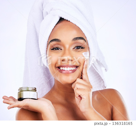 Beauty shine, portrait or happy woman with cream container for skincare, facial hydration or spa product results. Bathroom cosmetics, face moisturizer or morning treatment person on purple background Beauty shine, portrait or happy woman with cream container for skincare, facial hydration or spa product results. Bathroom cosmetics, face moisturizer or morning treatment person on purple background 136318165