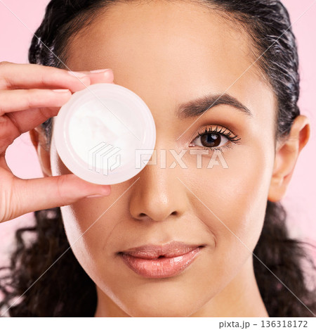Face, skincare and woman with cream jar in studio isolated on a pink background. Portrait, beauty and natural model with moisturizer container, sunscreen cosmetic and dermatology product for wellness Face, skincare and woman with cream jar in studio isolated on a pink background. Portrait, beauty and natural model with moisturizer container, sunscreen cosmetic and dermatology product for wellness 136318172