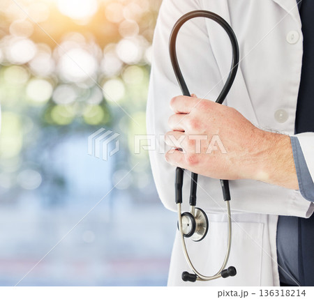 Stethoscope in hand, health and doctor with medical person, cardiology and surgeon in hospital with mockup space. Bokeh, cardiovascular healthcare and professional in clinic with expert in medicine 136318214