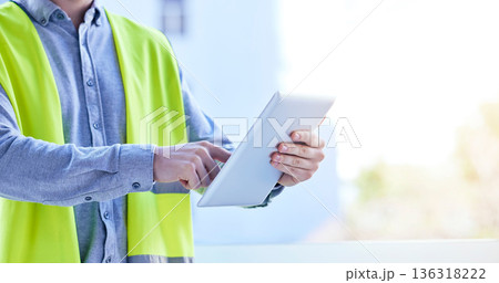 Tablet, architecture and hands of man in city for planning, project management and building. Inspection, engineering and contractor with closeup of person on construction site for digital and mockup Tablet, architecture and hands of man in city for planning, project management and building. Inspection, engineering and contractor with closeup of person on construction site for digital and mockup 136318222