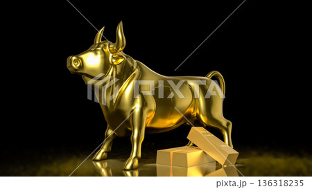 Golden Bull Market Symbol With Gold Bars On Black Background 3d render. 136318235