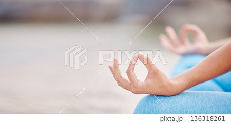 Woman, hands and yoga on mockup for meditation, spiritual wellness or outdoor zen workout in fitness. Closeup of calm female person in relax on beach for mindfulness, awareness or inner peace 136318261