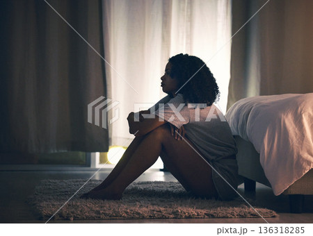 Sad, thinking and night with woman in bedroom for stress, insomnia and tired. Mental health, depression and fatigue with female person feeling lonely at home for anxiety, frustrated and fear problem Sad, thinking and night with woman in bedroom for stress, insomnia and tired. Mental health, depression and fatigue with female person feeling lonely at home for anxiety, frustrated and fear problem 136318285