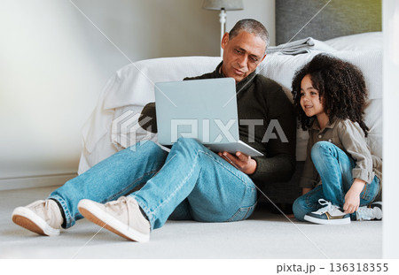 Grandfather, bedroom and family child with laptop for subscription movie, online gaming or search web for kid. Home bond, computer and elderly man babysitting grandchild, watch media or network video 136318355