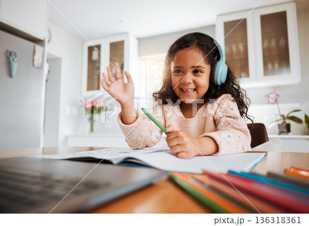 Happy little girl, laptop and elearning for education, knowledge or literature in virtual classroom at home. Female person, child or kid with smile and waving for online lesson on computer in house Happy little girl, laptop and elearning for education, knowledge or literature in virtual classroom at home. Female person, child or kid with smile and waving for online lesson on computer in house 136318361