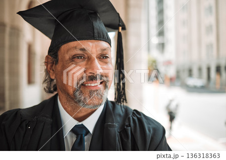 Senior man, graduate of law and smile outdoor, academic achievement and education in the city. Male lawyer on urban sidewalk, happy at graduation and success with pride, university event and goals 136318363