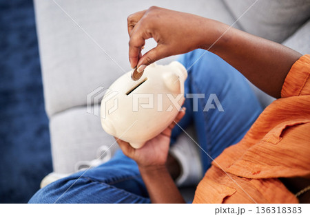 Woman, hands and coins in piggy bank for savings, finance or money investment on sofa at home. Hand of female person with piggybank for financial freedom, cash growth or budget planning at the house Woman, hands and coins in piggy bank for savings, finance or money investment on sofa at home. Hand of female person with piggybank for financial freedom, cash growth or budget planning at the house 136318383
