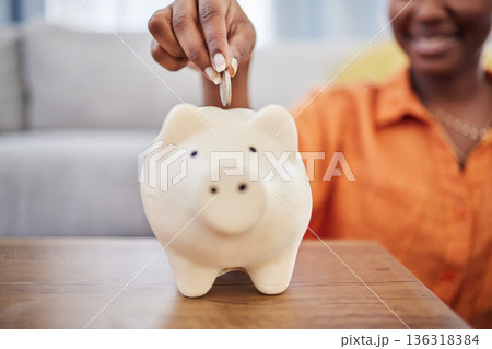 Woman, hands and coin in piggy bank for investment, finance or money savings on table at home. Hand of female person with piggybank for financial freedom, cash growth or budget planning in the house 136318384