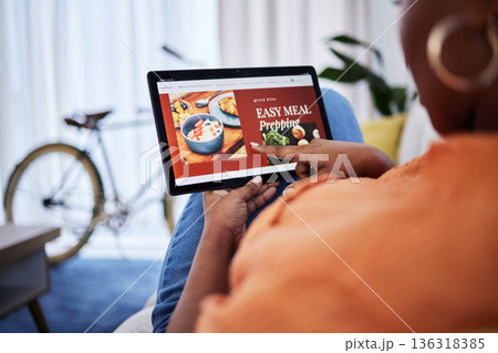Fast food, menu screen or hands with tablet for meal delivery, payment or online order on website. Ecommerce user, scroll or woman on application to search for lunch, dinner or supper choice at home 136318385