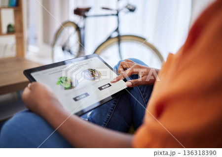 Food, order screen or hands with tablet for meal delivery, payment or online menu on website at home. Ecommerce user, decision or woman scroll on smartphone app for lunch, dinner and supper choice 136318390