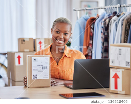 Black woman, portrait and box of fashion designer in small business logistics or service at boutique. Happy creative African female person smile with boxes in courier startup or retail clothing store 136318403