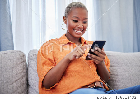 Home, phone or happy black woman on social media connected to internet with website notification. News, digital or African girl online typing or texting on networking mobile app to search content Home, phone or happy black woman on social media connected to internet with website notification. News, digital or African girl online typing or texting on networking mobile app to search content 136318432