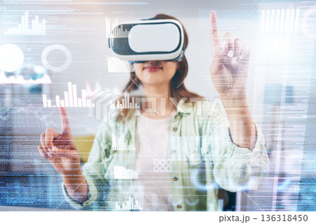 Business woman, hologram and ar chart for press, glasses or big data analysis in metaverse web design. Futuristic seo expert, virtual reality vision and click for coding, programming and 3d overlay 136318450