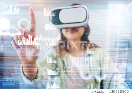 Business woman, hologram and virtual reality chart with press, choice or big data analysis in metaverse. Futuristic programming expert, ar vision or coding for development, creativity and 3d overlay Business woman, hologram and virtual reality chart with press, choice or big data analysis in metaverse. Futuristic programming expert, ar vision or coding for development, creativity and 3d overlay 136318506
